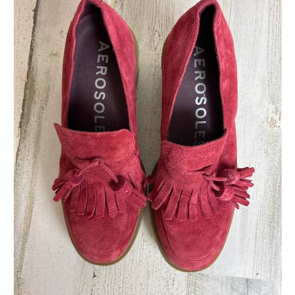 Aerosoles Women’s 6.5 Red Suede Tassel Slip-On Gibes Block Heel Loafers shoe New - Picture 2 of 8